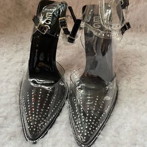 NWOT EGO clear black contrast ankle traps heels embellished with rhinestones SZ8